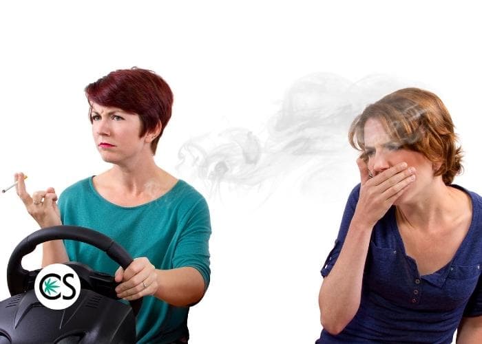 woman choking on second hand smoke